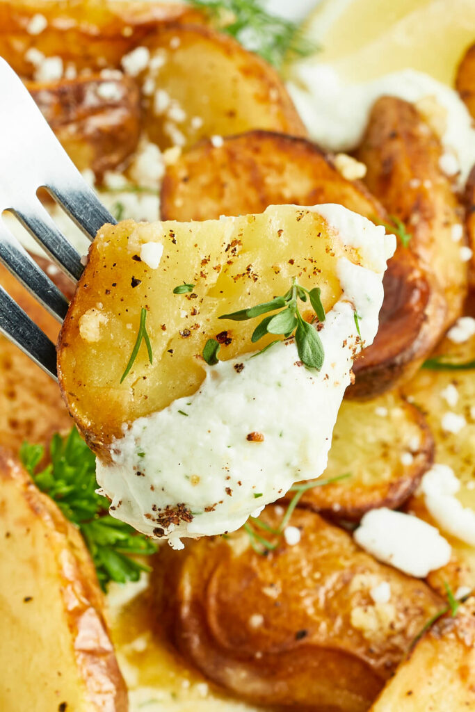 Lemon Roasted Potato dipped in feta sauce