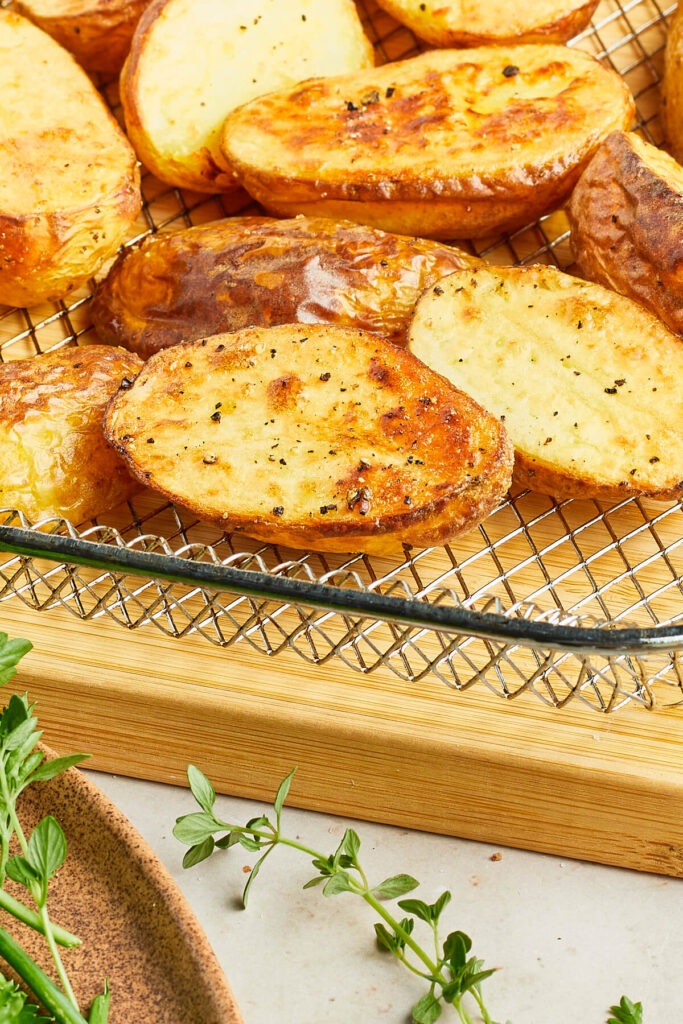 Lemon Roasted Potatoes on air fryer tray